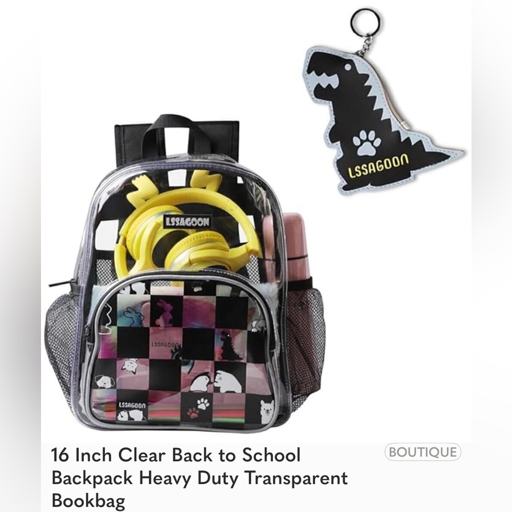 🦖NWOT Kids Transparent Backpack with Dinosaur Keychain - Black and Yellow